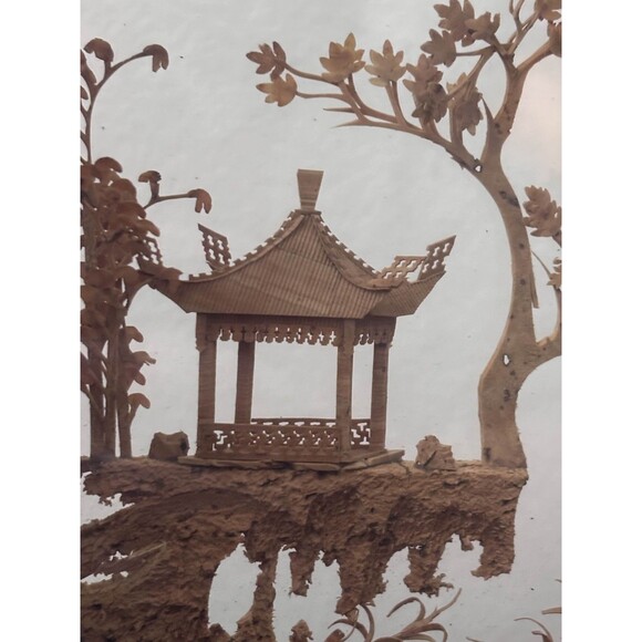 Vintage Chinese Cork Wood Diorama Carving Framed Sculpture Pagoda Cranes 7.5" - Picture 6 of 6